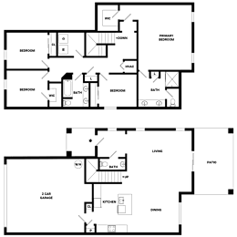 A floor plan of a house with two bedrooms, a living room, a dining room, a kitchen, a bathroom, a patio, and a 2 car garage.