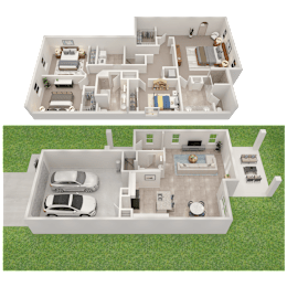 A top-down and side view of a house layout with a garage and a backyard.