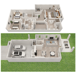 Two floor plan images of a house with a car parked in the driveway.