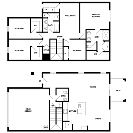 A floor plan of a house with two bedrooms, a living area, a kitchen, a dining area, a bathroom, a patio, and a 2 car garage.