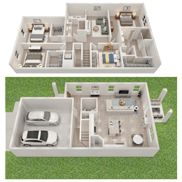 Two floor plans of a house with a car parked in the driveway.
