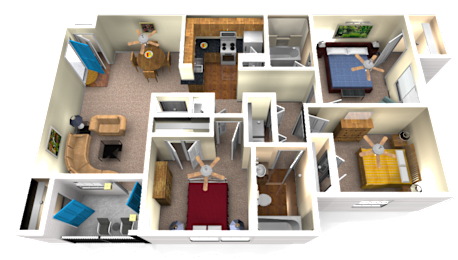 A 3D rendered image of a house layout.
