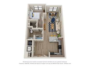 Sky Harbor Apartments in Chamblee, GAA 3D floor plan of an apartment with a kitchen, living room, and bathroom.