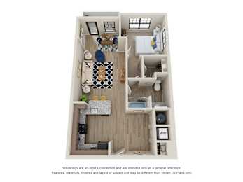 Sky Harbor Apartments in Chamblee, GAA 1b 1b 3D floor plan with a kitchen, living room, and bedroom.