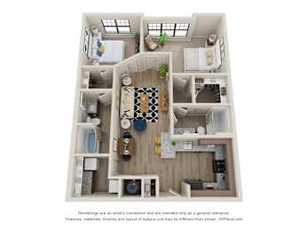 Sky Harbor Apartments in Chamblee, GAA 2b 2b 3D floor plan of a house with a kitchen, living room, and dining area.