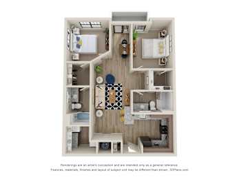 A 3D floor plan of a small apartment with a kitchen, living room, and bathroom.