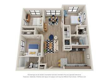 Sky Harbor Apartments in Chamblee, GAA 3b 2b 3D floor plan A 3D floor plan of a small apartment with a kitchen, living room, and two bedrooms.