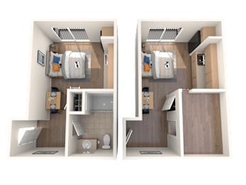 A 3D rendered image of a small apartment layout.