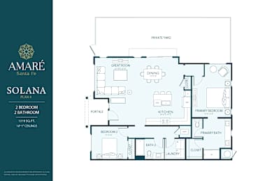 A floor plan for the Amare Santa Fe Solana, a 2 bedroom, 2 bathroom property, is shown.