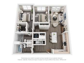 A 3D floor plan of a small apartment with a kitchen, living room, and bathroom.