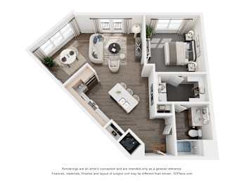 A 3D floor plan of a modern apartment with a kitchen, living room, and bedrooms.