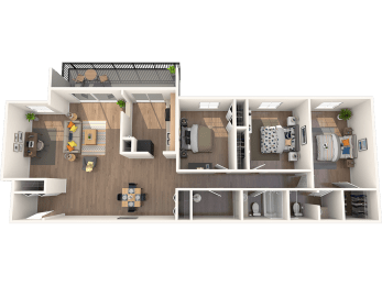 Apartments in Tampa, FL for Rent – Belara Lakes – 3D floorplan of our 3 bed, 2 bath, 1601 sq. ft. Starling Floorplan