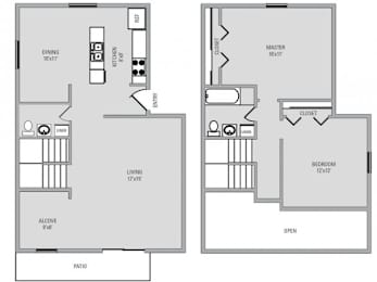 A floor plan of a two bedroom apartment with a living room, dining room, kitchen, and bathroom.