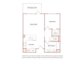 A diagram of a house layout with a living area, kitchen, bedroom, bathroom and closet.