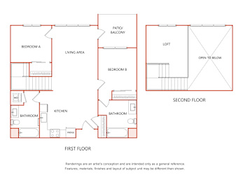 A diagram of a house showing the first and second floor layouts.