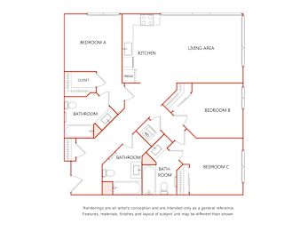 A diagram of a house layout with three bedrooms, a kitchen, a bathroom and a living area.