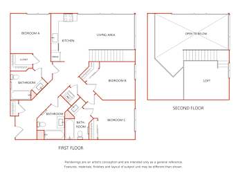 A floor plan of a house with a living area, kitchen, and three bedrooms.