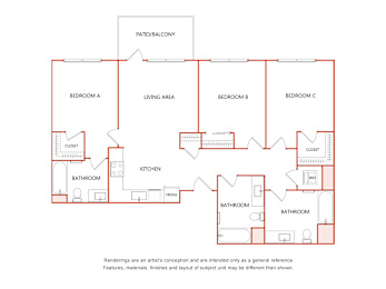 A floor plan of a house with three bedrooms, a living area, a kitchen, a bathroom and a patio.