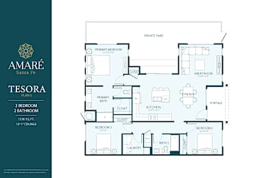 A floor plan for the Amare Santa Fe Tesora Plan shows a 3 bedroom, 2 bathroom layout.