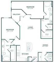 A floor plan of a home with two bedrooms, a balcony, a living room, a kitchen, a dining area, and bathrooms.
