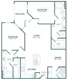 A floor plan of a house with a living room, kitchen, two bedrooms, a balcony, and a dining area.