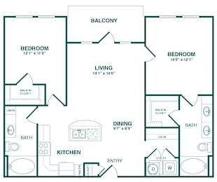 A floor plan of a house with two bedrooms, a living room, a dining room, a kitchen, a bathroom, and an entry.