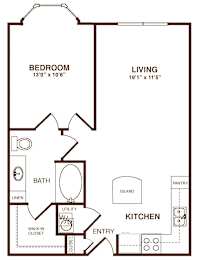 A floor plan of a home with a bedroom, living room, kitchen, and bathroom.