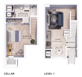 a floor plan of a home with a bedroom and a living room