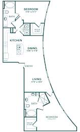 A floor plan of a home with a living room, kitchen, dining room, and two bedrooms.
