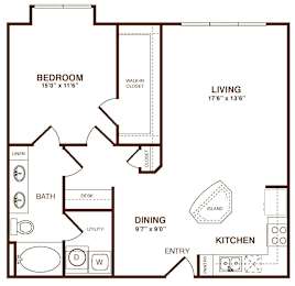 A floor plan of a home with a bedroom, living room, dining room, kitchen, and bathroom.