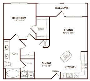 A black and white floor plan of a home with a bedroom, bathroom, living room, dining area, kitchen, and balcony.