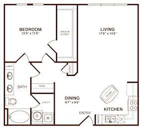 A black and white image of a house floor plan with a bedroom, living room, kitchen, dining room, bathroom, and entry.