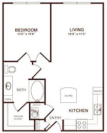 A floor plan of a small apartment with a bedroom, living room, kitchen, bathroom, and pantry.