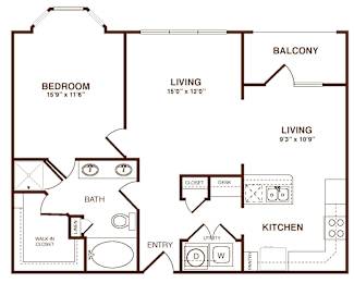 A floor plan of a home with a bedroom, bathroom, kitchen, living room, and balcony.