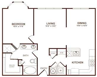 A floor plan of a small apartment with a bedroom, living room, dining room, kitchen, and bathroom.