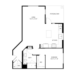A black and white image of a house floor plan with a living room, kitchen, bathroom, and bedroom.