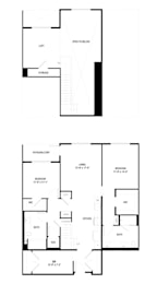 A floor plan of a two-story house with a living room, two bedrooms, a bathroom, and a kitchen.