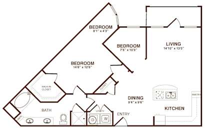A floor plan of a home with three bedrooms, a living room, a dining area, a kitchen, a bathroom, and a walk-in closet.