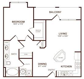 A floor plan of a home with a bedroom, living room, kitchen, dining room, and bathroom.