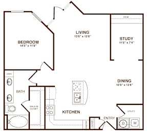 A floor plan of a house with a bedroom, study, dining area, and kitchen.
