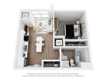 A white and wood themed 3D rendering of a small apartment.