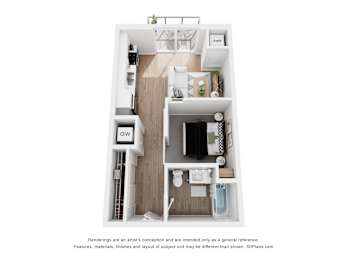 A 3D floor plan of a small apartment with a kitchen, living room, and bathroom.
