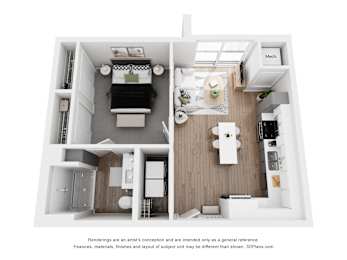 A floor plan of a small apartment with a kitchen, living room, and bathroom.