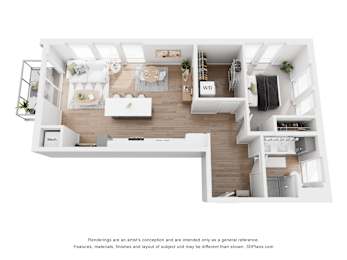 A 3D floor plan of a modern apartment with a kitchen, living room, and bedrooms.