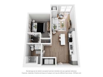 A 3D floor plan of a small apartment with a kitchen, living room, and bathroom.