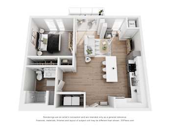 A 3D floor plan of a small apartment with a kitchen, living room, and bedroom.