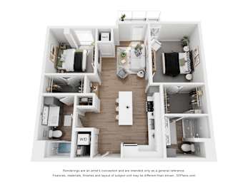 A 3D floor plan of a small apartment with a kitchen, living room, and bedrooms.