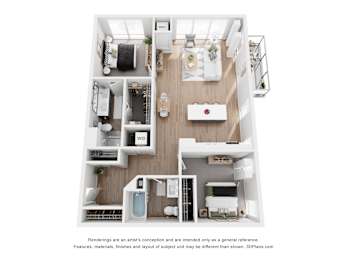 A floor plan of a small apartment with a kitchen, living room, and bathroom.