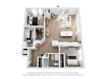 A 3D floor plan of a small apartment with a kitchen, living room, and bathroom.