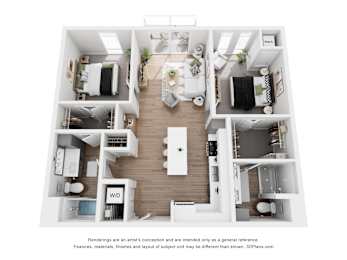 A 3D floor plan of a house with labeled rooms.